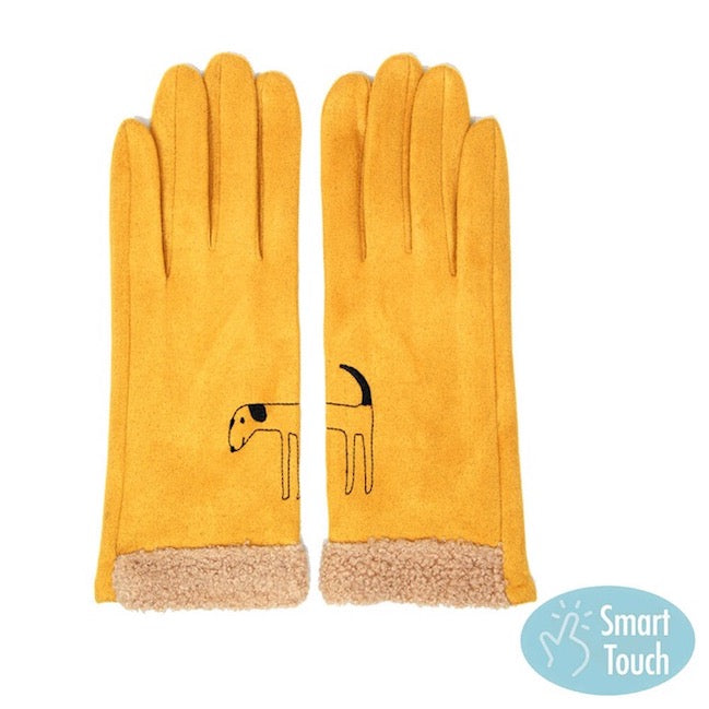 Mustard Embroidery Dog Suede Boucle Fur Detailed Cuff Warm Winter Smart Gloves, gives your look so much eye-catching texture w cool design, a cozy feel, fashionable, attractive, cute looking in winter season, these warm accessories allow you to use your phones. Perfect Birthday Gift, Valentine's Day Gift, Anniversary Gift, Just Because Gift