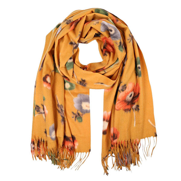 Mustard Fall Winter Fashionable Floral Fringe Scarf, on trend & fabulous, a luxe addition to any cold-weather ensemble. Great for daily wear in the cold winter to protect you against chill, classic infinity-style scarf & amps up the glamour with plush material that feels amazing snuggled up against your cheeks.