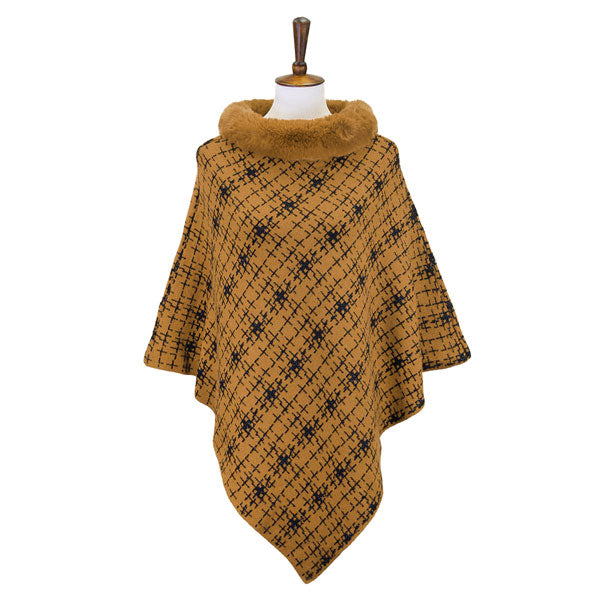 Mustard Fall Winter Patterned Faux Fur Collar Poncho, the perfect accessory, luxurious, trendy, super soft chic capelet, keeps you warm and toasty. You can throw it on over so many pieces elevating any casual outfit! Perfect Gift for Wife, Mom, Birthday, Holiday, Christmas, Anniversary, Fun Night Out