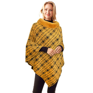 Mustard Fall Winter Patterned Faux Fur Collar Poncho, the perfect accessory, luxurious, trendy, super soft chic capelet, keeps you warm and toasty. You can throw it on over so many pieces elevating any casual outfit! Perfect Gift for Wife, Mom, Birthday, Holiday, Christmas, Anniversary, Fun Night Out