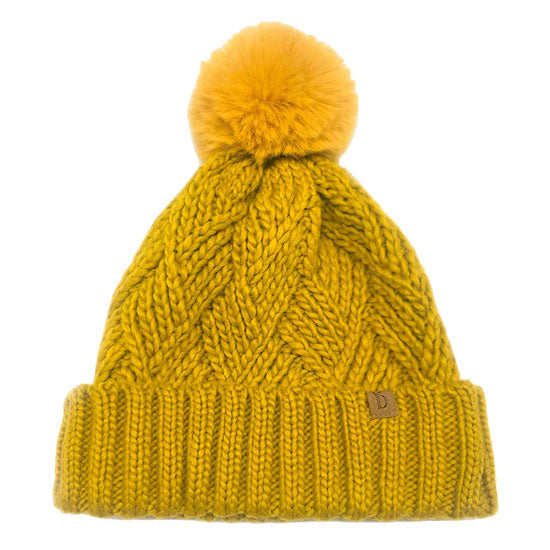 Mustard Faux Fur Pom Pom Cable Knit Beanie Hat, Accessorize the fun way with this pom pom beanie hat, the autumnal touch you need to finish your outfit in style. Awesome winter gift accessory! Perfect Gift Birthday, Christmas, Holiday, Anniversary, Valentine’s Day, Loved One.