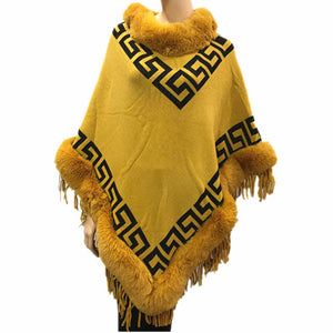 Faux Fur Trim Mustard Knit Greek Key Poncho Ruana, Mustard Meander Pattern with Faux Fur Trim Poncho Ruana, warm soft and elegant, great for any occasion, will become your favorite accessory