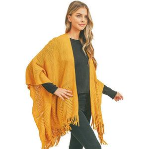 Mustard Herringbone Knit Fringe Ruana, With this lovely ruana shawl, you can draw attention to the contrast of different outfits. Herringbone Pattern With Fringe Design that Gives it a unique decorative and modern look. Match well with jeans and T-shirts or vest, A fashionable eye catcher, will quickly become one of your favorite accessories, warm and goes with all your winter outfits.