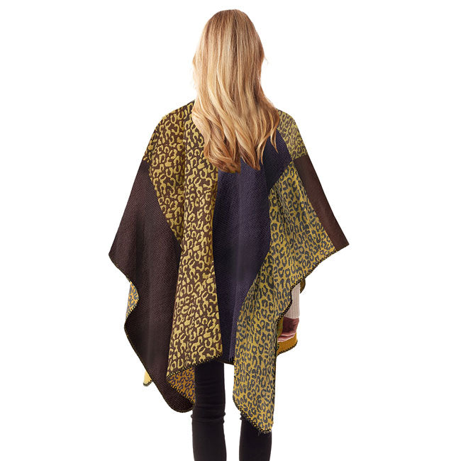 Mustard Leopard Patterned Stitch Ruana Poncho, the perfect accessory, luxurious, trendy, super soft chic capelet, keeps you warm and toasty. You can throw it on over so many pieces elevating any casual outfit! Perfect Gift for Wife, Mom, Birthday, Holiday, Christmas, Anniversary, Fun Night Out