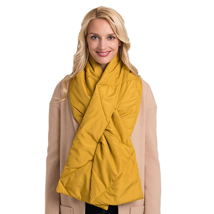 Mustard Padding Oblong Pull Through Scarf, delicate, warm, on trend & fabulous, a luxe addition to any cold-weather ensemble. Great for daily wear in the cold winter to protect you against chill, classic infinity-style scarf & amps up the glamour with plush material that feels amazing snuggled up against your cheeks.