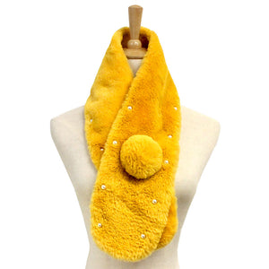 Mustard Pearl Embellished Faux Fur Pom Pom Pull Through Scarf, accent your look with this soft, highly versatile plaid scarf. A rugged staple brings a classic look, adds a pop of color & completes your outfit, keeping you cozy & toasty. Perfect Gift Birthday, Holiday, Christmas, Anniversary, Valentine's Day