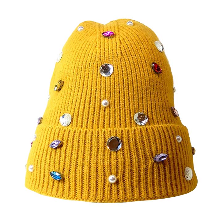 Mustard Pearl Jewel Embellished Fleece Lining Knit Beanie Hat, wear this beautiful beanie hat with any ensemble for the perfect finish before running out the door into the cool air. The hat is made in a unique style and it's richly warm and comfortable for winter and cold days. It perfectly meets your chosen goal. An awesome winter gift accessory and the perfect gift item for Birthdays, Christmas, Stocking stuffers, Secret Santa, holidays, anniversaries, Valentine's Day, etc. Stay warm & trendy!