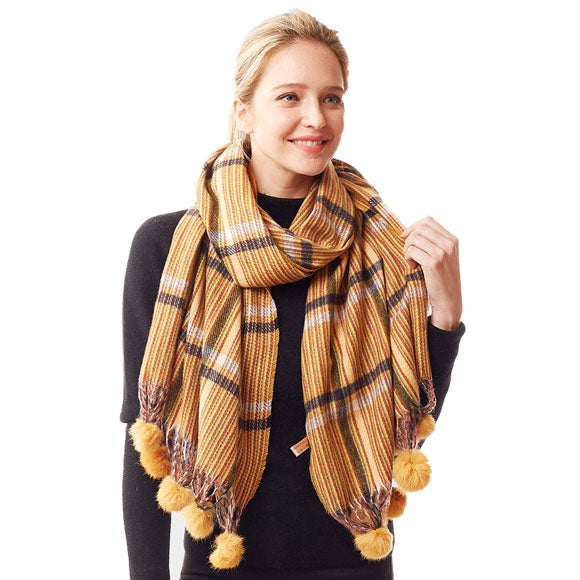 Mustard Plaid Check Patterned Pom Pom Oblong Scarf, accent your look with this soft, highly versatile plaid scarf. A rugged staple brings a classic look, adds a pop of color & completes your outfit, keeping you cozy & toasty. Perfect Gift Birthday, Holiday, Christmas, Anniversary, Valentine's Day