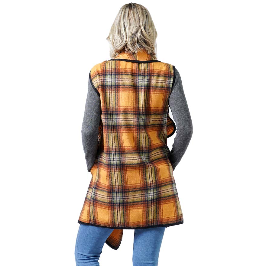 Muatard Plaid Check Vest With Pocket, is a lightweight and soft brushed exterior fabric that makes you feel more warm and comfortable this winter and cold days out. A cute and trendy Plaid Vest makes your look absolutely gorgeous. Great for dating, hanging out, daily wear, vacation, travel, shopping, holiday attire, office, work, outwear, fall, spring, or early winter. A perfect gift for Wife, Mom, Birthday, Holiday, Anniversary, or Fun Night Out.