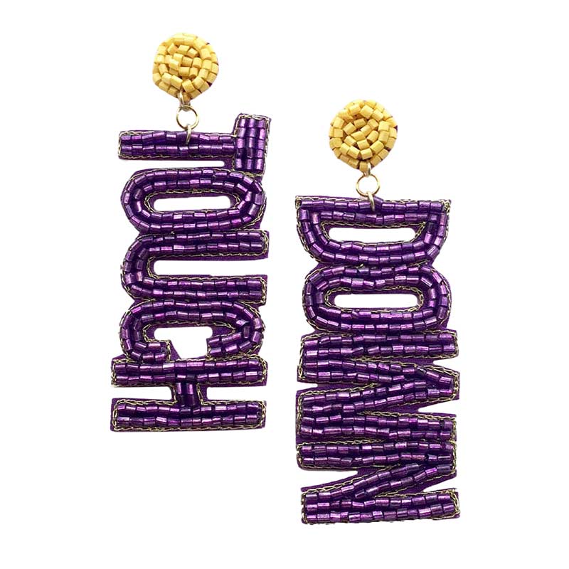 Mustard Purple Felt Back Touch Down Message Beaded Dangle Earrings. Gift someone or yourself these ultra-chic earrings, they will take your look up a notch, these sports themed earrings versatile enough for wearing straight through the week, coordinate with any ensemble from business casual to wear, the perfect addition to every outfit. Perfect jewelry gift to expand a woman's fashion wardrobe with a modern, on trend style.