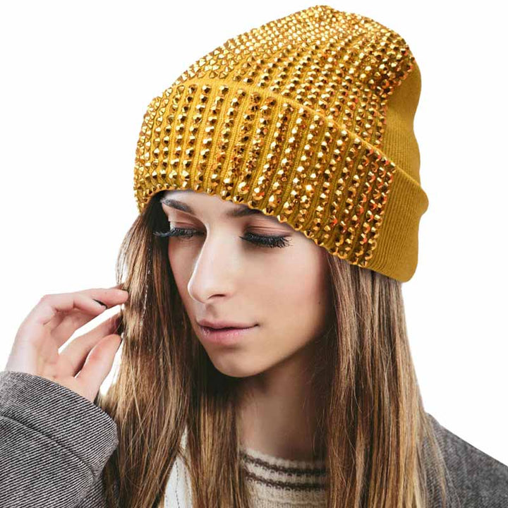 Mustard Single Sided Studded Knit Beanie Hat, The beanie hat is made of soft, gentle, skin-friendly, and elastic fabric, which is very comfortable to wear. This Single Sided design is embellished with a shimmering Studded for the ultimate glam look! It provides warmth to your head and ears, protects you from the wind, chill & cold weather, and becomes your ideal companion in autumn and winter. Suitable for wearing for a variety of outdoor activities.