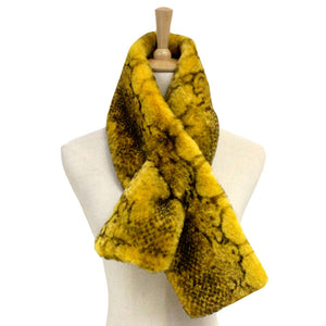 Mustard Snake Skin Patterned Faux Fur Pull Through Scarf, delicate, warm, on trend & fabulous, a luxe addition to any cold-weather ensemble. Great for daily wear in the cold winter to protect you against chill, classic infinity-style scarf & amps up the glamour with plush material that feels amazing snuggled up against your cheeks.