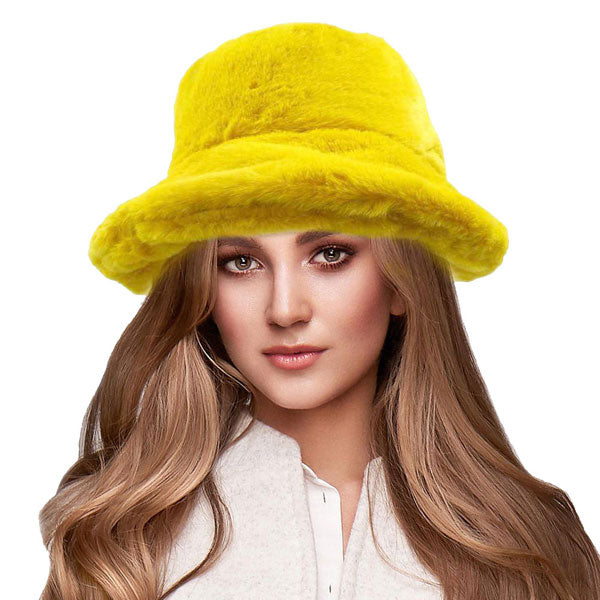 Mustard Soft Faux Fur Bucket Hat, stay warm and cozy, protect yourself from the cold, this most recognizable look with remarkable bold, soft & chic bucket hat, features a rounded design with a short brim. The hat is foldable, great for daytime. Perfect Gift for cold weather!