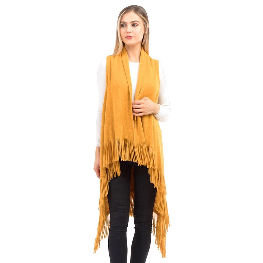 Mustard Knit Design Solid Fringe Tassel Knit Poncho Outwear Ruana Cape Vest, the perfect accessory, luxurious, trendy, super soft chic capelet, keeps you warm & toasty. You can throw it on over so many pieces elevating any casual outfit! Perfect Gift Birthday, Holiday, Christmas, Anniversary, Wife, Mom, Special Occasion