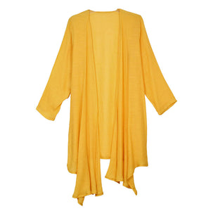 Mustard Solid Long Cardigan. Delicate open front floral lace beach cover-up featuring wide sleeves and hip length. Beach or Poolside chic is made easy with this lightweight cover-up featuring flower detail and a relaxed silhouette, look perfectly breezy and laid-back as you head to the beach. Also an accessory easy to pair with so many tops! From stylish layering camis to relaxed tees, you can throw it on over so many pieces elevating any casual outfit! Great gift idea.