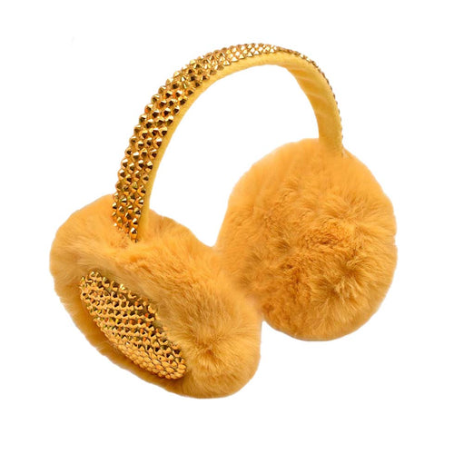 Studded Fluffy Plush Fur Foldable Earmuff - Gold