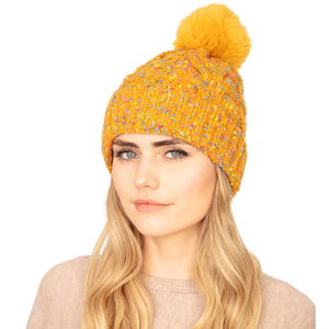 Mustard Confetti Cable Knit Pom Pom Beanie Warm Winter Hat; reach for this classic toasty hat to keep you nice n warm in the chilly winter weather, the wintry touch finish to your outfit. Perfect Gift Birthday, Christmas, Holiday, Anniversary, Stocking Stuffer, Secret Santa, Valentine's Day, Loved One, BFF