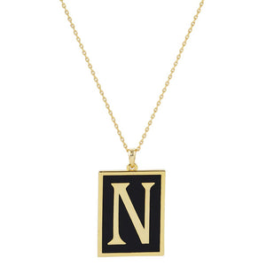 Gold Dipped Enamel Rectangle Monogram Pendant Necklace