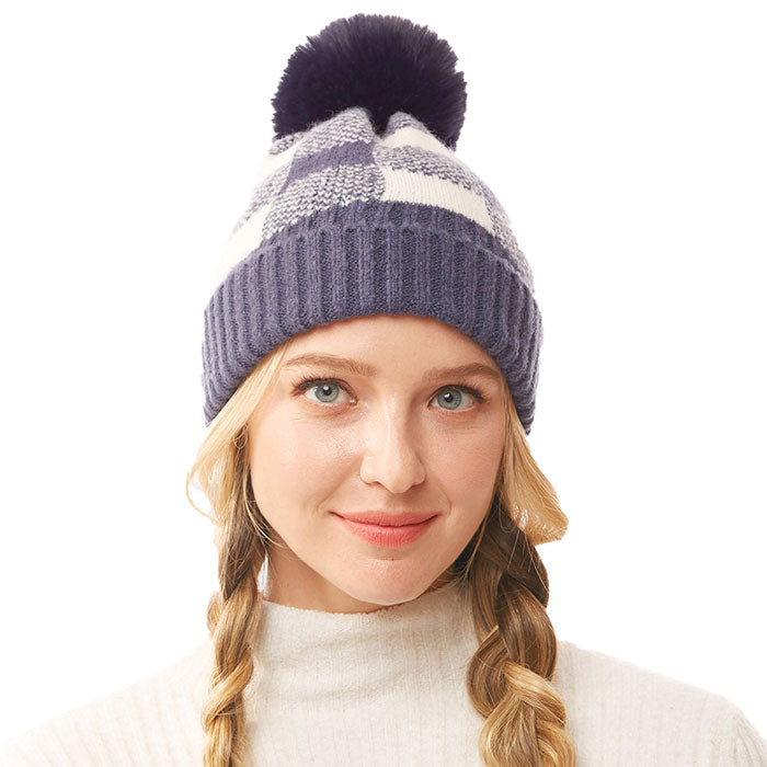 Navy Buffalo Check Knit Pom Pom Beanie Hat. Before running out the door into the cool air, you’ll want to reach for these toasty beanie to keep your hands incredibly warm. Accessorize the fun way with these beanie , it's the autumnal touch you need to finish your outfit in style. Awesome winter gift accessory!