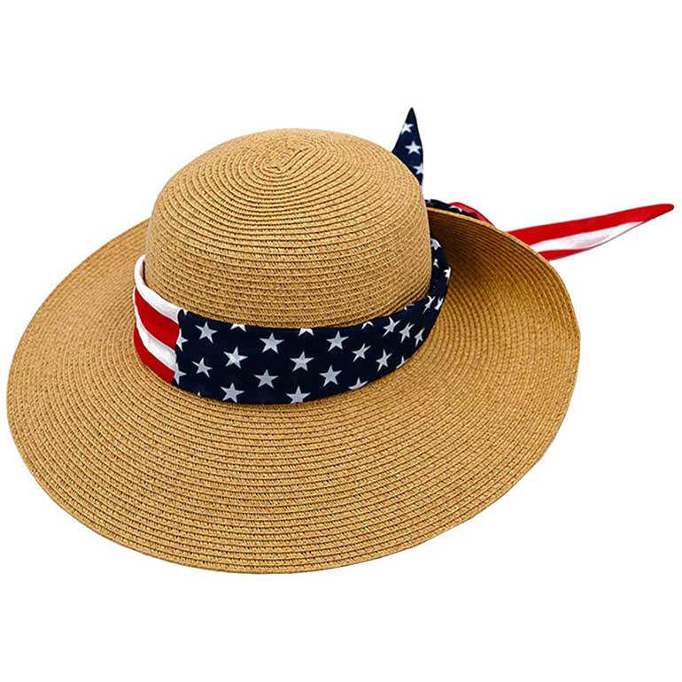 Natural C.C Wide Brim USA Flag Band Sunhat, keep your styles on even when relaxing at the pool or playing at the beach. Large, comfortable, and perfect for keeping the sun off your face, neck, and shoulders. Perfect summer, beach accessory. Show your love for Your country with these sweet patriotic USA flag band sunhats. 