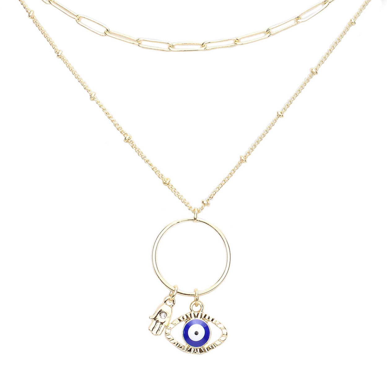 Navy Open Metal Circle Hamsa Hand Evil Eye Link Pendant Double Layered Necklace, Get ready with these Pendant Double Layered, put on a pop of color to complete your ensemble. Perfect for adding just the right amount of shimmer & shine . Perfect Birthday Gift, Anniversary Gift, Mother's Day Gift, Graduation Gift.