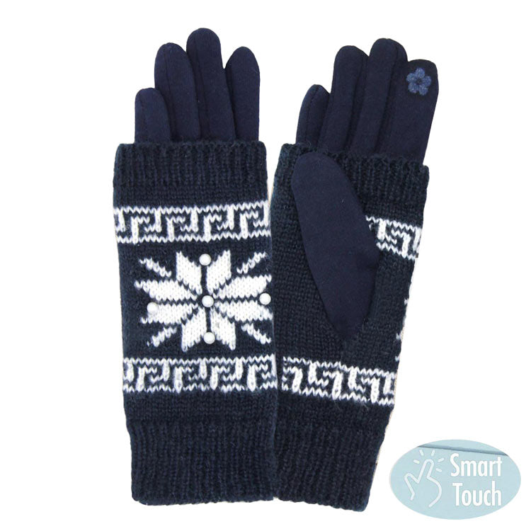 Navy 3 in 1 Knitted Snowflake Pearl Accented Smart Gloves, a pair of gorgeous snowflake themed gloves are practical and fashionable that make you more elegant and charming. They also keep your arms and hands warm enough and save you from the cold weather and chill. It's touchscreen compatible and stretches for a snug fit. Wear with any outfit with a perfect match at any place to add laughter, inspiration & joy to Christmas celebrations.