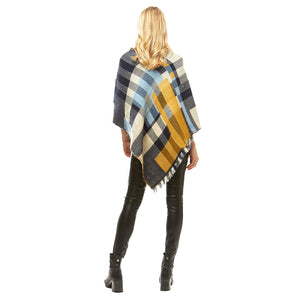Navy Acrylic Fall Winter Outwear Multi Colored Plaid Poncho, the perfect accessory, luxurious, trendy, super soft chic capelet, keeps you warm and toasty. You can throw it on over so many pieces elevating any casual outfit! Perfect Gift for Wife, Mom, Birthday, Holiday, Christmas, Anniversary, Fun Night Out