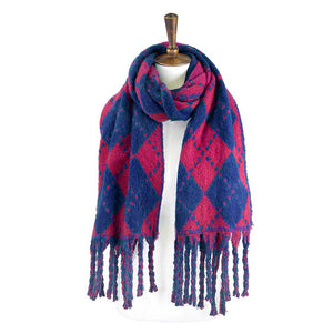 Navy Argyle Print Oblong Scarf With Fringe, this stylish scarves featuring Argyle Print with fringe combines great fall style with comfort and warmth. Whether you need a little something around your shoulders on a chilly weather or a fashionable Oblong scarves to compliment any outfit are what you need. The super soft acrylic gives them a luxurious feel. Awesome winter accessory gift idea.