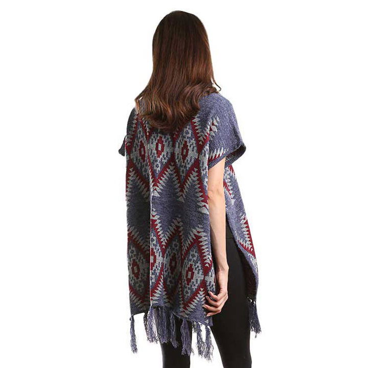 Navy Aztec Chevron Pattern Tassel Edge Shawl Sweater, ensure your upper body stays perfectly warm when the temperatures drop, timelessly beautiful, gently nestles around the neck and feels exceptionally comfortable to wear. A fashionable eye catcher, will quickly become one of your favorite accessories, warm and goes with all your winter outfits.