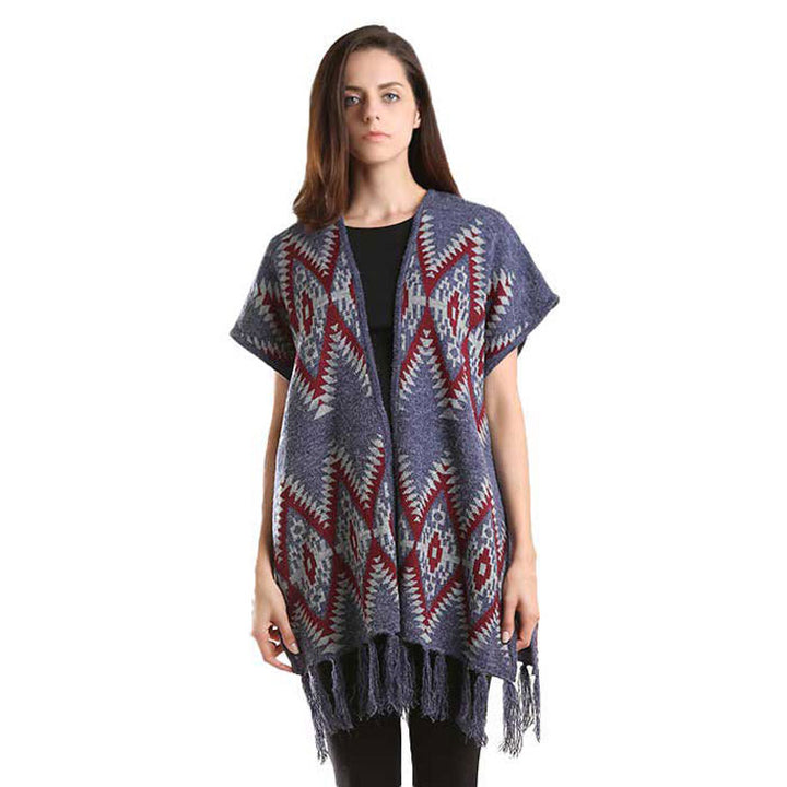 Navy Aztec Chevron Pattern Tassel Edge Shawl Sweater, ensure your upper body stays perfectly warm when the temperatures drop, timelessly beautiful, gently nestles around the neck and feels exceptionally comfortable to wear. A fashionable eye catcher, will quickly become one of your favorite accessories, warm and goes with all your winter outfits.