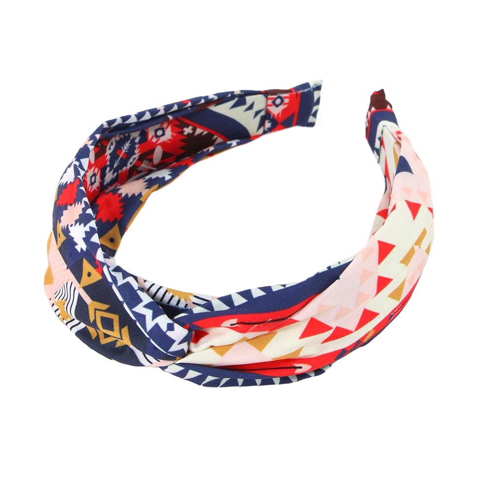 Navy Aztec Patterned Twisted Headband, With a beautiful Aztec pattern, this headband creates a natural look when your color perfectly matches the easy-to-use twist headband. Adds a super neat and trendy twist to any boring style. Be the ultimate trendsetter wearing this chic headband with all your stylish outfits! 