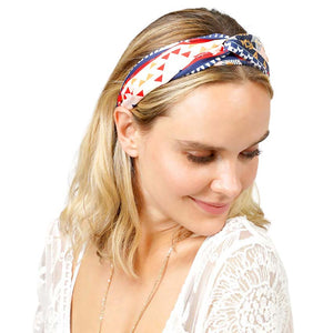 Navy Aztec Patterned Twisted Headband, With a beautiful Aztec pattern, this headband creates a natural look when your color perfectly matches the easy-to-use twist headband. Adds a super neat and trendy twist to any boring style. Be the ultimate trendsetter wearing this chic headband with all your stylish outfits! 