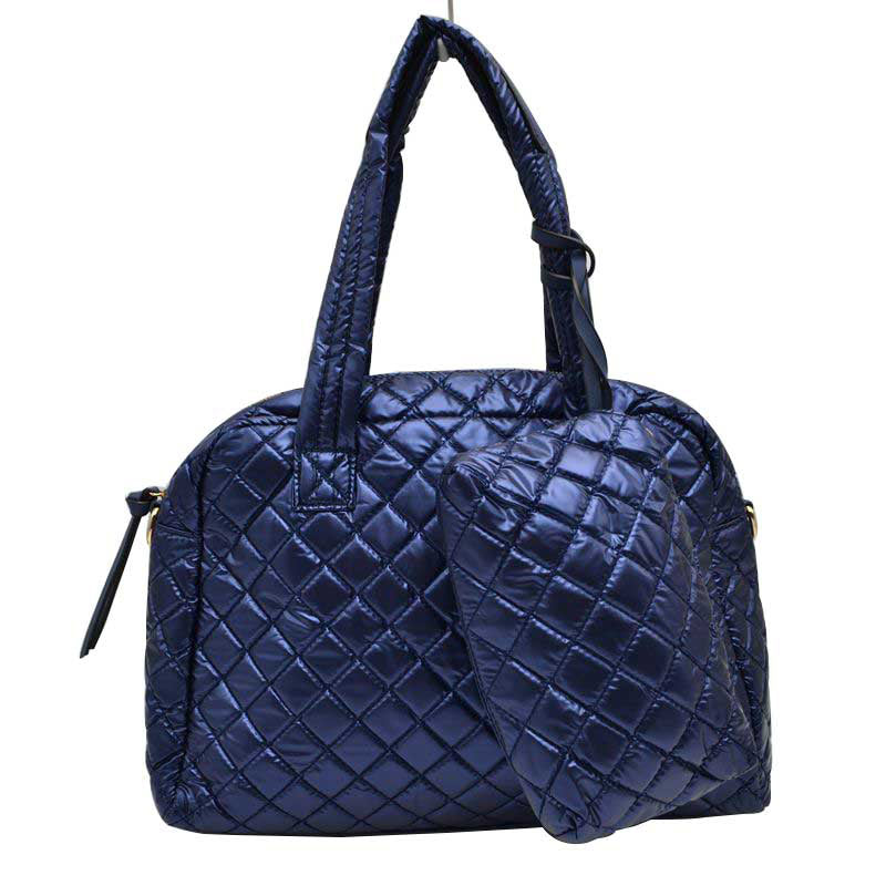 Navy Blue 2 N 1 Large Quilted Tote Bag With Pouch, has plenty of room to carry all your handy items with ease. It also comes with a removable insert bag that doubles as lining to the bag or can be removed and worn as a shoulder bag. Trendy and beautiful bag that amps up your outlook while carrying. Great for different activities including quick getaways, long weekends, picnics, beach, or even going to the gym! Easy to carry with you in your hands or around your shoulders.