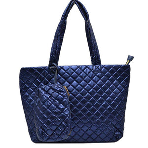 Navy Blue 2 N 1 Large Quilted Zipper Tote With Pouch, has plenty of room to carry all your handy items with ease. It also comes with a removable insert bag that doubles as lining to the bag or can be removed and worn as a shoulder bag. Great for different activities including quick getaways, long weekends, picnics, beach, or even going to the gym! Easy to carry with you in your hands or around your shoulders. This 2 in 1 tote bag is just what the boss lady needs! Stay comfortable.