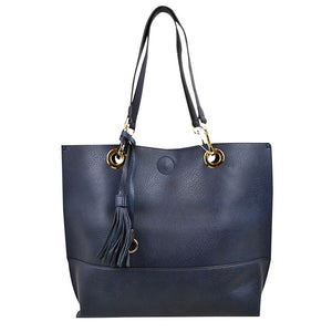 Navy Blue 2 N 1 Womens Reversible Tote Shoulder Handbag. Handbag has plenty of room to fit all your items, also comes with a removable insert bag that doubles as lining to the bag, or can be removed and worn as a crossbody bag. Great for different activities including quick getaways, long weekends, picnics, beach or even to go to the gym!  Easy to carry with you in your hands or around your shoulders. This 2 in 1 tote bag is just what the boss lady needs!