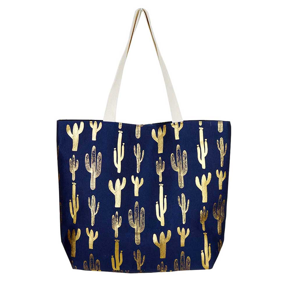 Navy Cactus Foil Beach Bag, Show your trendy side with this awesome cactus print beach tote bag. Spacious enough for carrying any and all of your seaside essentials. The soft rope straps really helps carrying this shoulder bag comfortably. Folds flat for easy packing. Perfect as a beach bag to carry foods, drinks, big beach blanket, towels, swimsuit, toys, flip flops, sun screen and more.