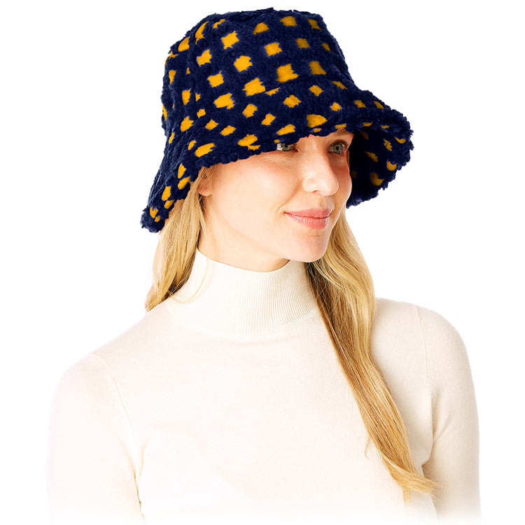 Navy Check Patterned Faux Fur Bucket Hat, show your trendy side with this Faux Fur Bucket Hat. Adds a great accent to your wardrobe. This elegant, timeless & classic Bucket Hat looks fashionable. Perfect for a bad hair day, or simply casual everyday wear.  Accessorize the fun way with this bucket hat. It's the autumnal touch you need to finish your outfit in style. Awesome winter gift accessory for that fashionable on-trend friend.