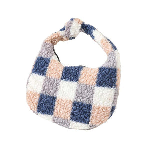 Navy Checker Pattern Teddy Bear Faux Fur Mini Tote Bag, is a cute and beautiful mini tote bag that enriches your accessory collection and amps up your outlook with a beautiful checker pattern. It perfectly goes with any outfit in any style. Easy to carry and keep your handy items safe and secure. Nice color variation gives you the opportunity to match the tote up with any ensemble, any time, and anywhere.
