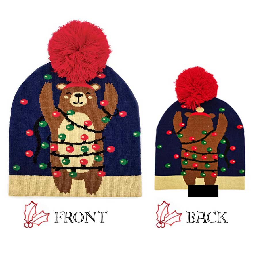 Navy Christmas Bear Pom Knit Beanie Hat, With your funny bear pom's, you'll look like the ultimate fashionista, feel just like your favorite holiday elf with these festive pom Pom  beanies. You can stay warm this season with this Christmas hat that feature an incredibly soft fabric that will keep you more cozy and warm. it's the autumnal touch you need to finish your outfit in style. Awesome winter gift accessory! Perfect Gift Birthday, Christmas, Stocking Stuffer, Secret Santa, Holiday etc.