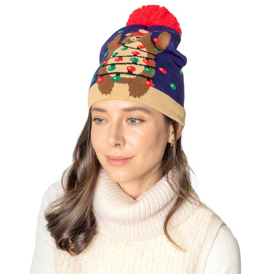 Navy Christmas Bear Pom Knit Beanie Hat, With your funny bear pom's, you'll look like the ultimate fashionista, feel just like your favorite holiday elf with these festive pom Pom  beanies. You can stay warm this season with this Christmas hat that feature an incredibly soft fabric that will keep you more cozy and warm. it's the autumnal touch you need to finish your outfit in style. Awesome winter gift accessory! Perfect Gift Birthday, Christmas, Stocking Stuffer, Secret Santa, Holiday etc.