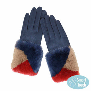 Navy Color Block Faux Fur Cuff Accented Soft Suede Smart Gloves, gives your look so much eye-catching texture w cool design, a cozy feel, fashionable, attractive, cute looking in winter season, these warm accessories allow you to use your phones. Perfect Birthday Gift, Valentine's Day Gift, Anniversary Gift.