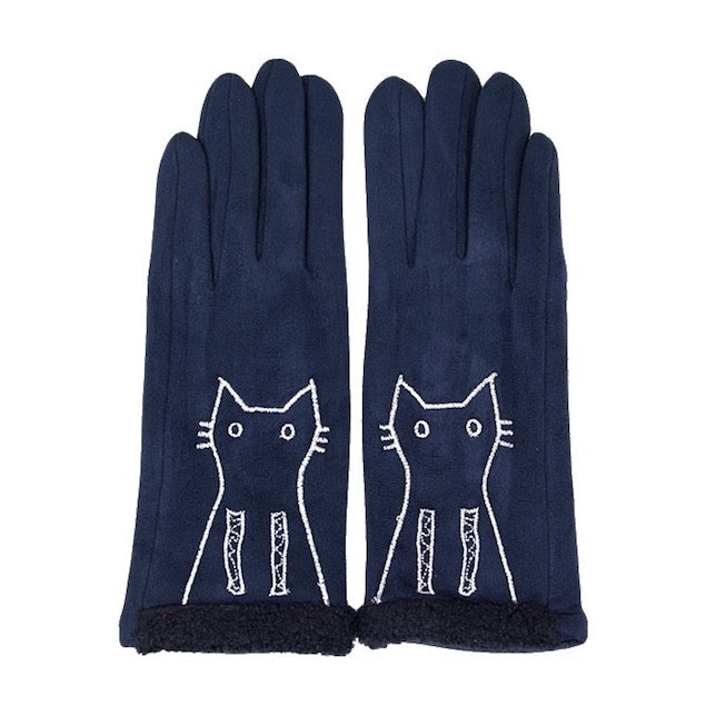 Navy Faux Suede Embroidery Cat Detail Solid Smart Touch Gloves, stylish, chic, glam and soft suede feel, the perfect accessory to complete any outfit. Keep your hands warm while staying stylish. Great gift for a loved one, a cat lover or yourself! Touchscreen compatible fingertip. Navy, Beige, Black, Pink, Burgundy, Gray