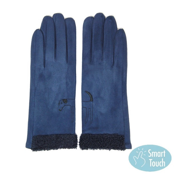 Navy Embroidery Dog Suede Boucle Fur Detailed Cuff Warm Winter Smart Gloves, gives your look so much eye-catching texture w cool design, a cozy feel, fashionable, attractive, cute looking in winter season, these warm accessories allow you to use your phones. Perfect Birthday Gift, Valentine's Day Gift, Anniversary Gift, Just Because Gift