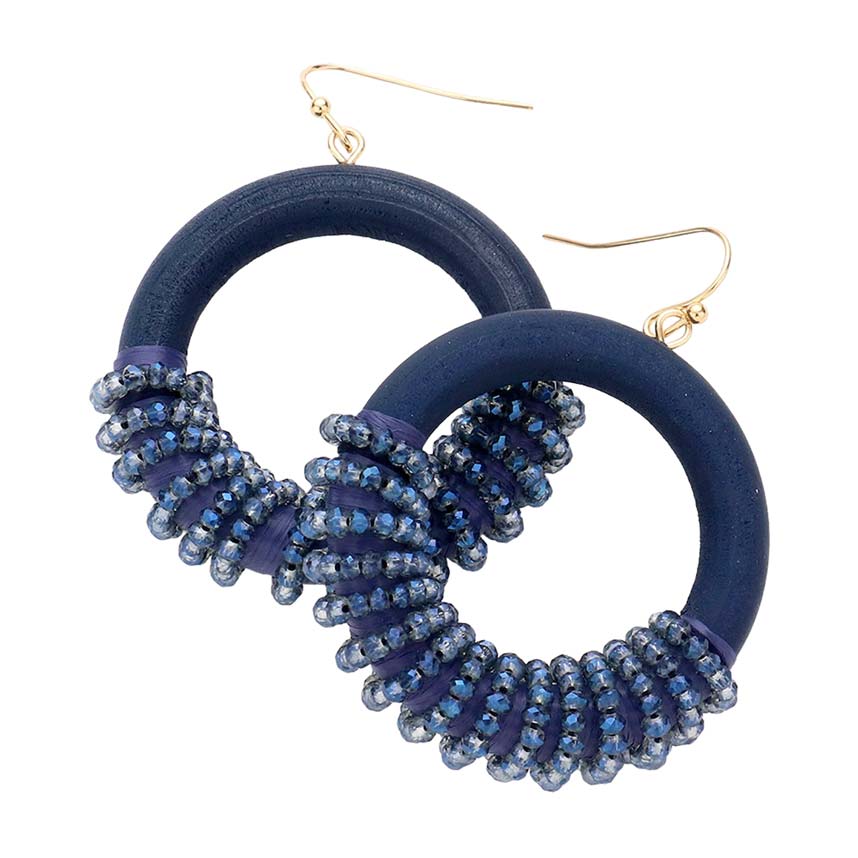 Navy Faceted Bead Wrapped Open Wood Circle Dangle Earrings, Put on a pop of color to complete your ensemble in perfect style with these gorgeous bead-wrapped wood circle earrings. The beautifully crafted design adds a gorgeous glow to any outfit with these wrapped wood circle earrings. Perfect for adding just the right amount of shimmer & shine on any occasion.