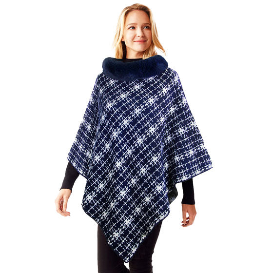 Navy Fall Winter Patterned Faux Fur Collar Poncho, the perfect accessory, luxurious, trendy, super soft chic capelet, keeps you warm and toasty. You can throw it on over so many pieces elevating any casual outfit! Perfect Gift for Wife, Mom, Birthday, Holiday, Christmas, Anniversary, Fun Night Out