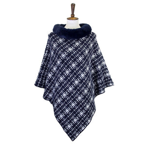 Navy Fall Winter Patterned Faux Fur Collar Poncho, the perfect accessory, luxurious, trendy, super soft chic capelet, keeps you warm and toasty. You can throw it on over so many pieces elevating any casual outfit! Perfect Gift for Wife, Mom, Birthday, Holiday, Christmas, Anniversary, Fun Night Out