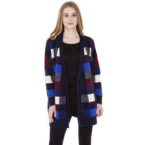 Navy Fall Winter Plaid Check Cardigan, the perfect accessory, luxurious, trendy, super soft chic capelet, keeps you warm and toasty. You can throw it on over so many pieces elevating any casual outfit! Perfect Gift for Wife, Mom, Birthday, Holiday, Christmas, Anniversary, Fun Night Out