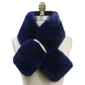 Navy Fall Winter Trendy Faux Fur Bling Pull Through Scarf, delicate, warm, on trend & fabulous, a luxe addition to any cold-weather ensemble. Great for daily wear in the cold winter to protect you against chill, classic infinity-style scarf & amps up the glamour with plush material that feels amazing snuggled up against your cheeks.