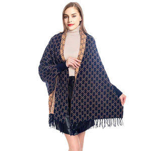 Navy Fashionable Luxury Patterned Poncho, the perfect accessory, luxurious, trendy, super soft chic capelet, keeps you warm and toasty. You can throw it on over so many pieces elevating any casual outfit! Its laid-back vibe and classic elegance are sure to draw attention without making too strong a statement. Perfect Gift for Wife, Mom, Birthday, Holiday, Christmas, Anniversary, Fun Night Out.