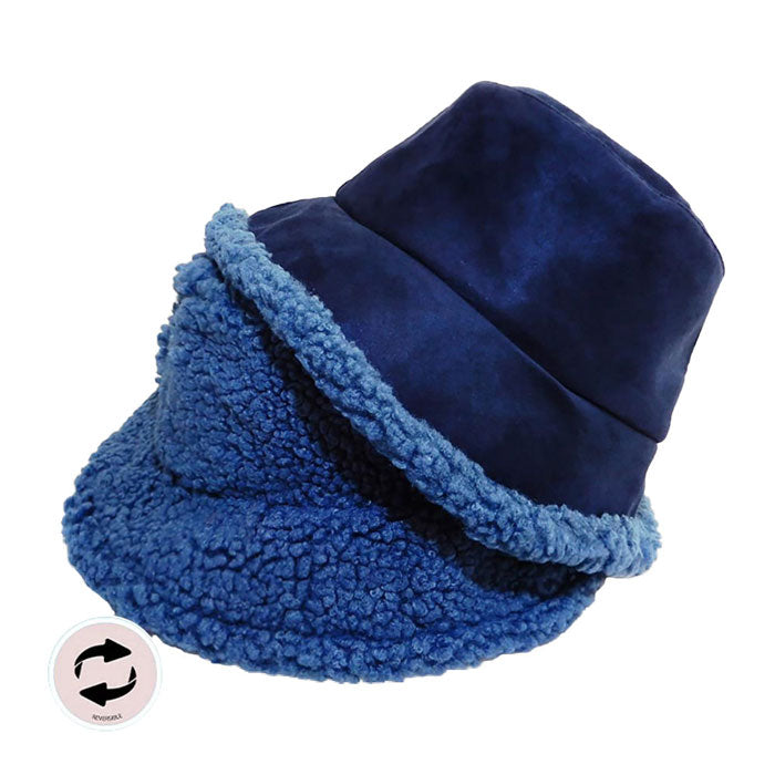 Navy Fashionable Winter Reversible Faux Fur Sherpa Bucket Hat, Before running out the door into the cool air, you’ll want to reach for these  Faux Fur Sherpa Bucket Hatto keep you incredibly warm and comfortable even when the sun is high in the sky.  Perfect for keeping the sun off of your face, neck, and shoulders.